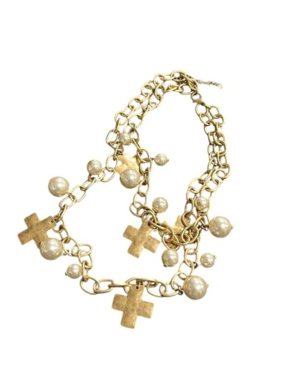 Gold Chain Necklace Cross & Faux Pearl Charms Chunky Statement Jewelry Adjustabl